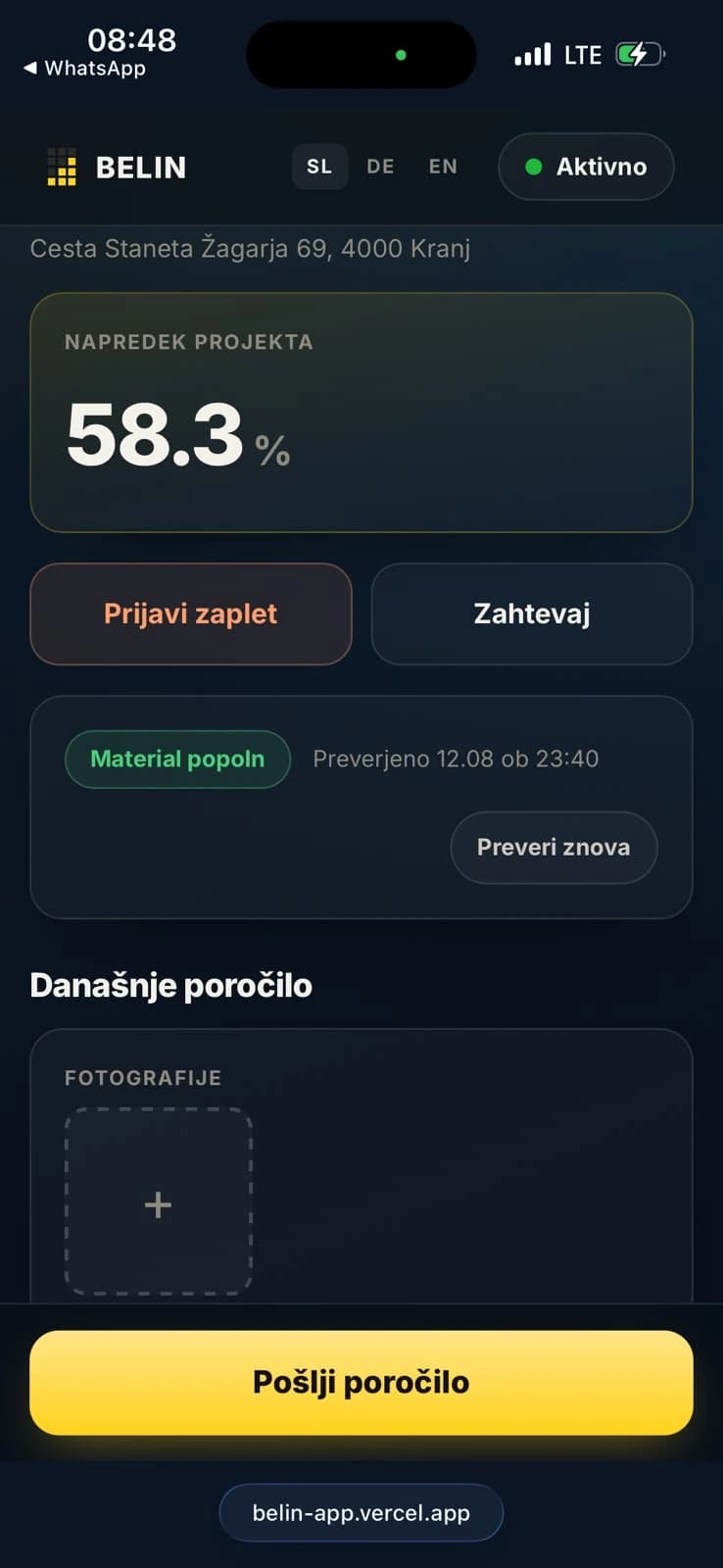 Zaslon ekipe na telefonu